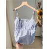 image:imageRoseSeek Womens Striped Button Front Flared Camisole Tops Shirred Spaghetti Strap Tank TopBlue