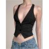 image:imageRoseSeek Womens Striped Cut Out Open Back Waistcoat Button Down V Neck Sleeveless Crop Vest TopBlack
