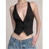 image:imageRoseSeek Womens Striped Cut Out Open Back Waistcoat Button Down V Neck Sleeveless Crop Vest TopBlack