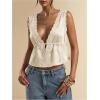 image:imageRoseSeek Womens Tie Front Deep V Neck Peplum Tops Lace Trim Sleeveless Satin Crop Tank TopApricot