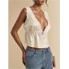 image:imageRoseSeek Womens Tie Front Deep V Neck Peplum Tops Lace Trim Sleeveless Satin Crop Tank TopApricot
