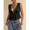 image:imageRoseSeek Womens Tie Front Deep V Neck Peplum Tops Lace Trim Sleeveless Satin Crop Tank TopBlack