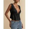 image:imageRoseSeek Womens Tie Front Deep V Neck Peplum Tops Lace Trim Sleeveless Satin Crop Tank TopBlack