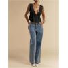 image:imageRoseSeek Womens Tie Front Deep V Neck Peplum Tops Lace Trim Sleeveless Satin Crop Tank TopBlack