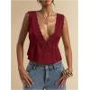 image:imageRoseSeek Womens Tie Front Deep V Neck Peplum Tops Lace Trim Sleeveless Satin Crop Tank TopBurgundy