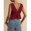 image:imageRoseSeek Womens Tie Front Deep V Neck Peplum Tops Lace Trim Sleeveless Satin Crop Tank TopBurgundy