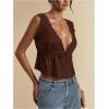 image:imageRoseSeek Womens Tie Front Deep V Neck Peplum Tops Lace Trim Sleeveless Satin Crop Tank TopCoffee Brown