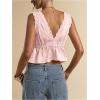 image:imageRoseSeek Womens Tie Front Deep V Neck Peplum Tops Lace Trim Sleeveless Satin Crop Tank TopCoral Pink