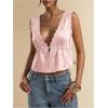 image:imageRoseSeek Womens Tie Front Deep V Neck Peplum Tops Lace Trim Sleeveless Satin Crop Tank TopCoral Pink