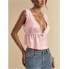 image:imageRoseSeek Womens Tie Front Deep V Neck Peplum Tops Lace Trim Sleeveless Satin Crop Tank TopCoral Pink