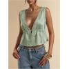 image:imageRoseSeek Womens Tie Front Deep V Neck Peplum Tops Lace Trim Sleeveless Satin Crop Tank TopMint Green