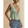 image:imageRoseSeek Womens Tie Front Deep V Neck Peplum Tops Lace Trim Sleeveless Satin Crop Tank TopMint Green