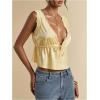 image:imageRoseSeek Womens Tie Front Deep V Neck Peplum Tops Lace Trim Sleeveless Satin Crop Tank TopYellow