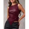 image:imageRoseSeek Womens Tie Side Asymmetrical Hem PU Leather Top Boat Neck Sleeveless Tank Tops Elegant TopsBurgundy
