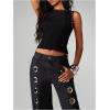 image:imageRoseSeek Womens Y2k Grommet Ribbed Knit Tank Top Mock Neck Sleeveless Summer Crop TopsBlack