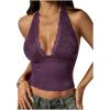 image:imageRoseSeek Womens Floral Lace Deep V Neck Halter Tops Y2K Backless Summer Going Out Crop Tank TopPurple