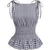 image:imageRoseSeek Womens Gingham Tie Shoulder Tank Tops Sleeveless Shirred Ruffle Hem ShirtsBlue