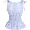 image:imageRoseSeek Womens Gingham Tie Shoulder Tank Tops Sleeveless Shirred Ruffle Hem ShirtsLight Blue