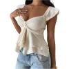 image:imageRoseSeek Womens Layered Ruffle T Shirts Sweetheart Neck Cap Sleeve Elegant Crop TopsApricot