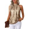 image:imageRoseSeek Womens Metallic Sleeveless Halter Tops Pleated Elegant Tank Top Casual Summer Work ShirtsGold