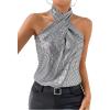 image:imageRoseSeek Womens Sequin Halter Tops Sparkle Sleeveless Top Party Y2k Tops Disco OutfitsSilver