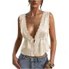 image:imageRoseSeek Womens Tie Front Deep V Neck Peplum Tops Lace Trim Sleeveless Satin Crop Tank TopApricot