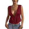 image:imageRoseSeek Womens Tie Front Deep V Neck Peplum Tops Lace Trim Sleeveless Satin Crop Tank TopBurgundy