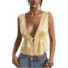 image:imageRoseSeek Womens Tie Front Deep V Neck Peplum Tops Lace Trim Sleeveless Satin Crop Tank TopYellow