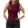 image:imageRoseSeek Womens Tie Side Asymmetrical Hem PU Leather Top Boat Neck Sleeveless Tank Tops Elegant TopsBurgundy