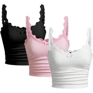 image:imageRoseSeek Womens 3 Packs Lace Camisole Tops Spaghetti Strap Fitted Crop Tank Top Summer ClothesMulticolor