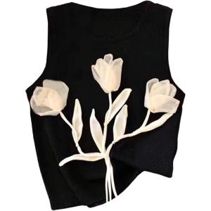 image:imageRoseSeek Womens 3D Floral Tank Top Crew Neck Tulip Applique Summer Casual Sleeveless Going Out TopsBlack