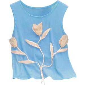 image:imageRoseSeek Womens 3D Floral Tank Top Crew Neck Tulip Applique Summer Casual Sleeveless Going Out TopsBlue