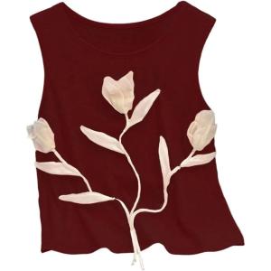 image:imageRoseSeek Womens 3D Floral Tank Top Crew Neck Tulip Applique Summer Casual Sleeveless Going Out TopsBurgundy