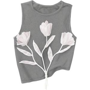 image:imageRoseSeek Womens 3D Floral Tank Top Crew Neck Tulip Applique Summer Casual Sleeveless Going Out TopsGrey