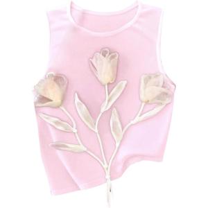 image:imageRoseSeek Womens 3D Floral Tank Top Crew Neck Tulip Applique Summer Casual Sleeveless Going Out TopsLight Pink
