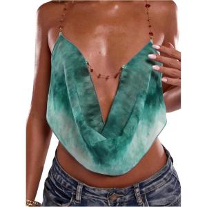 image:imageRoseSeek Womens Boho Floral Beaded Chain Camisole Top Backless Draped Neck Sleeveless Low Cut Crop TopsGreen