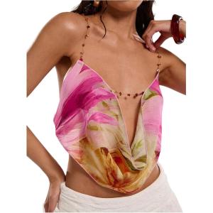 image:imageRoseSeek Womens Boho Floral Beaded Chain Camisole Top Backless Draped Neck Sleeveless Low Cut Crop TopsPink