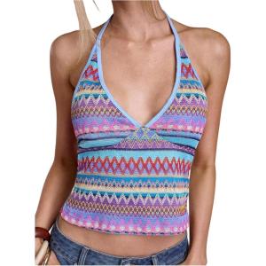 image:imageRoseSeek Womens Colorful Boho Halter Tops Fitted Backless Crop Tops Vacation Beach WearBlue