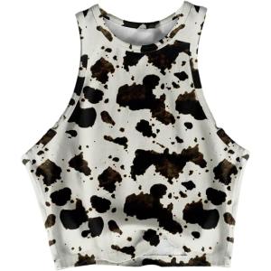 image:imageRoseSeek Womens Cow Print Tank Top Sleeveless Crewneck Fitted Crop Tops Summer Cowgirl VestBlack and White