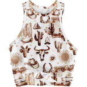 image:imageRoseSeek Womens Cow Print Tank Top Sleeveless Crewneck Fitted Crop Tops Summer Cowgirl VestGraphic White