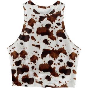 image:imageRoseSeek Womens Cow Print Tank Top Sleeveless Crewneck Fitted Crop Tops Summer Cowgirl VestMulticolor