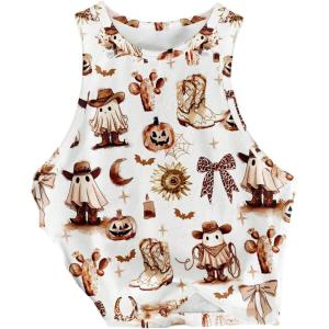 image:imageRoseSeek Womens Cow Print Tank Top Sleeveless Crewneck Fitted Crop Tops Summer Cowgirl VestPumpkin Multicolor