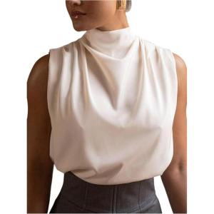 image:imageRoseSeek Womens Draped Mock Neck Tank Top Elegant Sleeveless Blouses Office Business ShirtsBeige