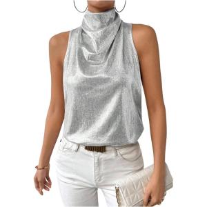 image:imageRoseSeek Womens Elegant Metallic Tops Stand Collar Sleeveless Top Summer Party TopsSilver