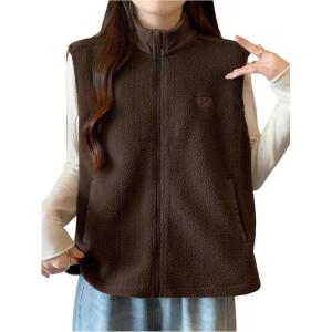 image:imageRoseSeek Womens Fleece Mock Neck Vest Zip Up Sleeveless Tops Jackets Fall ClothesBrown