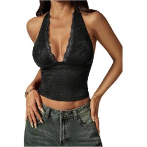image:imageRoseSeek Womens Floral Lace Deep V Neck Halter Tops Y2K Backless Summer Going Out Crop Tank TopBlack