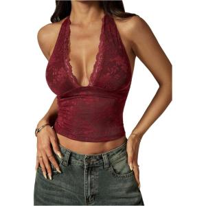 image:imageRoseSeek Womens Floral Lace Deep V Neck Halter Tops Y2K Backless Summer Going Out Crop Tank TopBurgundy