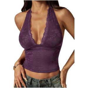 image:imageRoseSeek Womens Floral Lace Deep V Neck Halter Tops Y2K Backless Summer Going Out Crop Tank TopPurple