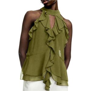 image:imageRoseSeek Womens Flowy Going Out Halter Tops Ruffle Mesh Tops Cut Out Sleeveless Tie Neck Tank Top Summer OutfitArmy Green