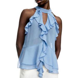 image:imageRoseSeek Womens Flowy Going Out Halter Tops Ruffle Mesh Tops Cut Out Sleeveless Tie Neck Tank Top Summer OutfitBlue